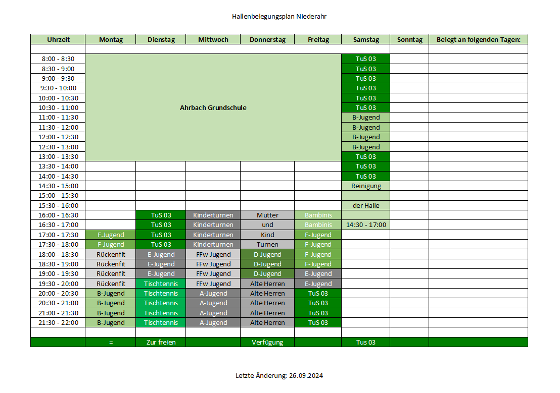 Belegungsplan Sporthalle Niederahr